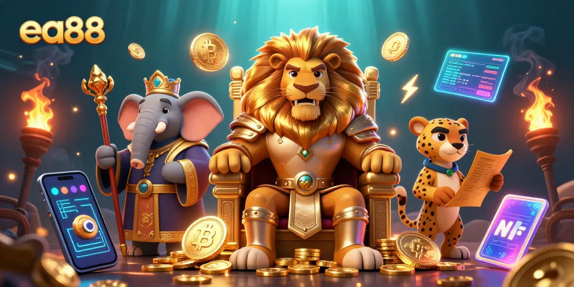 Engage with ea88's vibrant casino scene featuring a lion king, advisor elephant, and cheetah messenger.