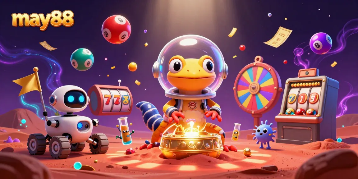 Experience may88 gaming excitement with a Martian gecko exploring a golden casino.