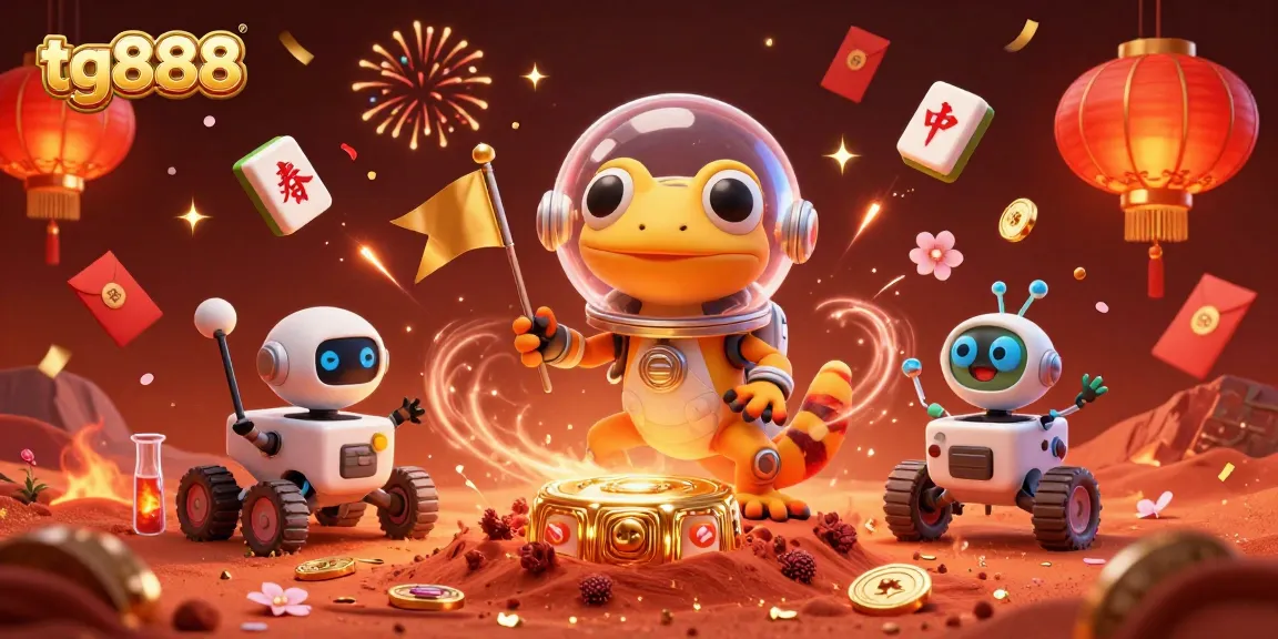 Experience the thrill of tg888 with a Martian gecko uncovering a golden casino amidst space celebrations.