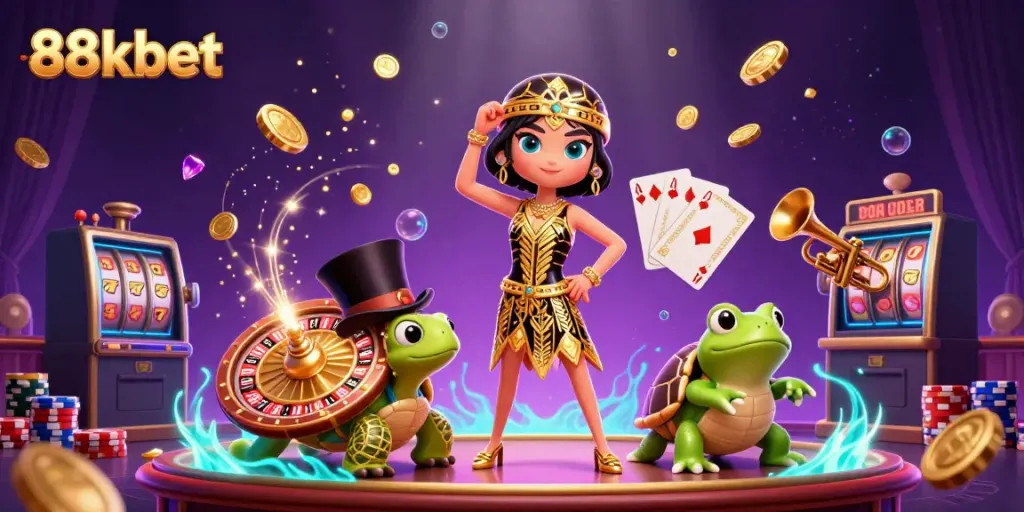 Experience the excitement at 88kbet with vibrant casino elements and engaging characters.