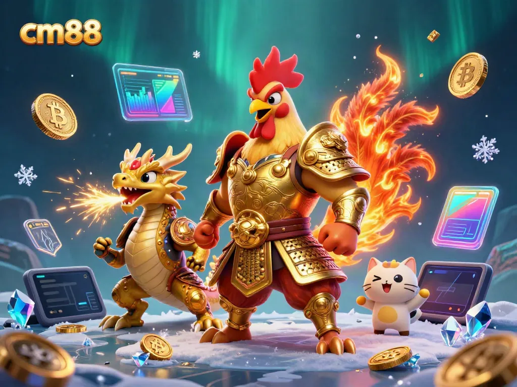 Experience the excitement of cm88 with a fierce samurai rooster and dragon in a vibrant casino-themed scene.