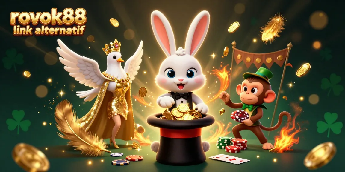 Engage with the thrilling rokok88 link alternatif, featuring a magician rabbit, dove, and monkey in a dynamic casino scene.