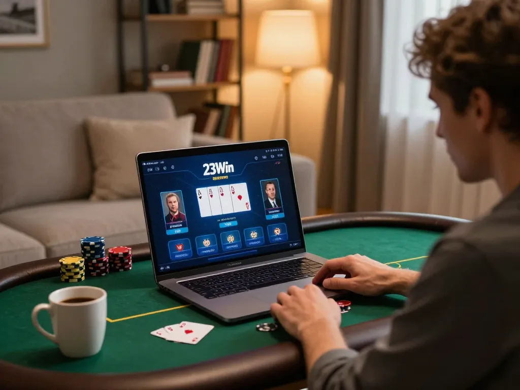 Engaged player enjoying online poker at 23Win, showcasing a lively home gaming atmosphere.