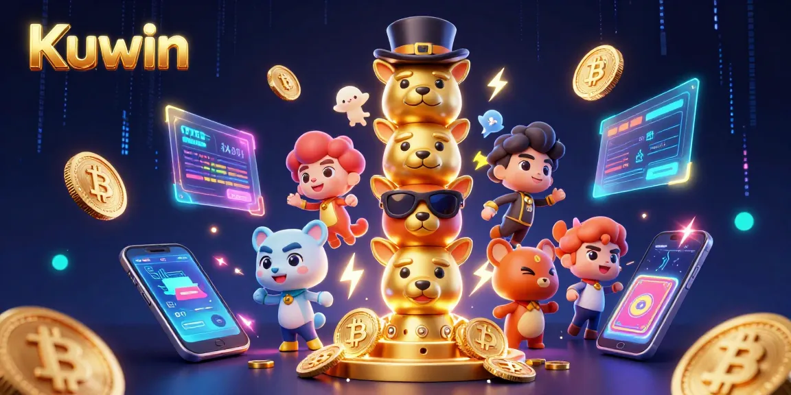 Kuwin online casino illustration featuring a lively golden totem pole among dynamic cryptocurrency elements.