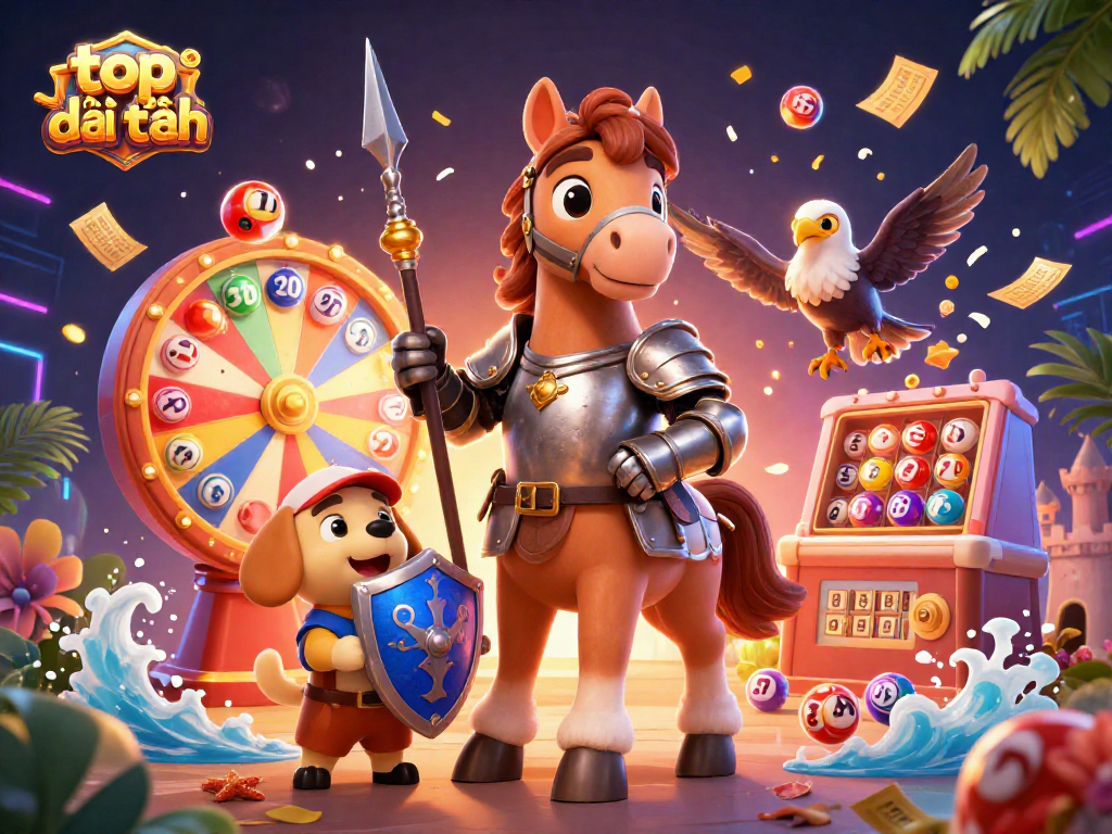 Experience the excitement of top game bài đổi thưởng with colorful lottery elements and dynamic characters in a thrilling atmosphere.