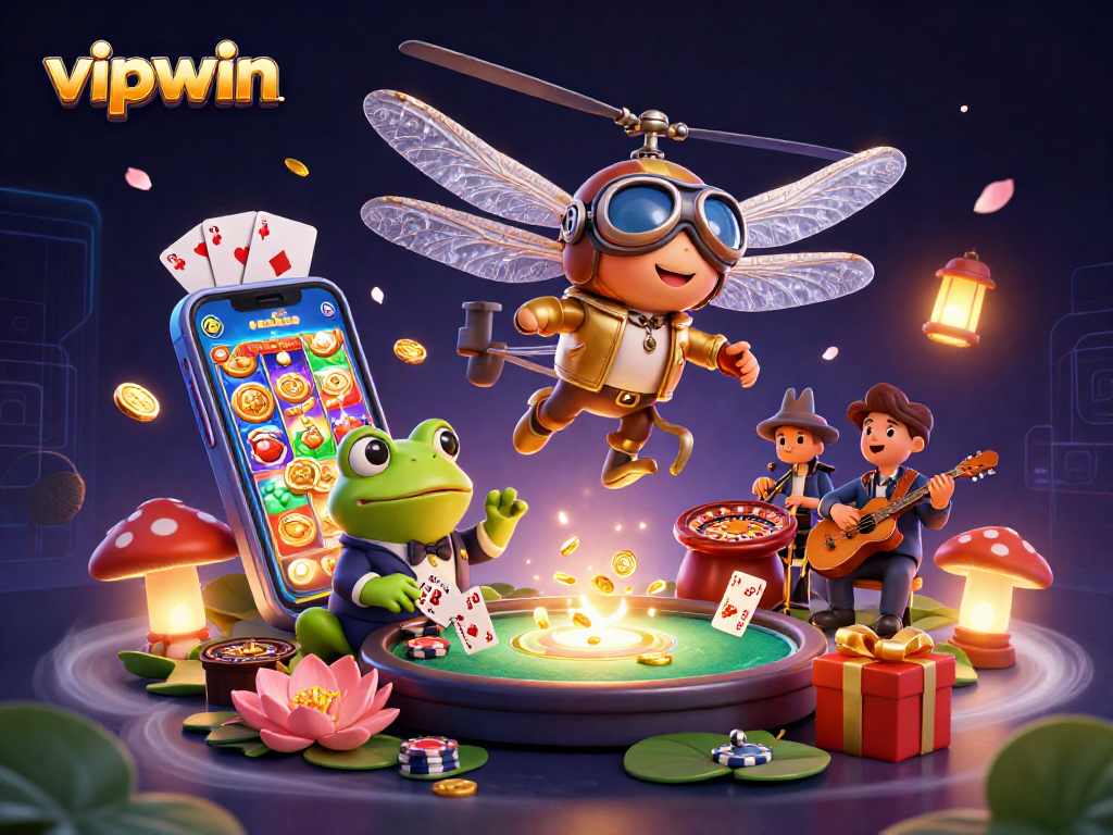 Experience thrilling gameplay at vipwin with a dragonfly pilot and frog croupier amidst a vibrant casino scene.