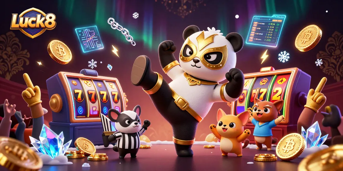 Luck8 reveals a vibrant casino scene with a wrestler panda and exciting game elements in action.