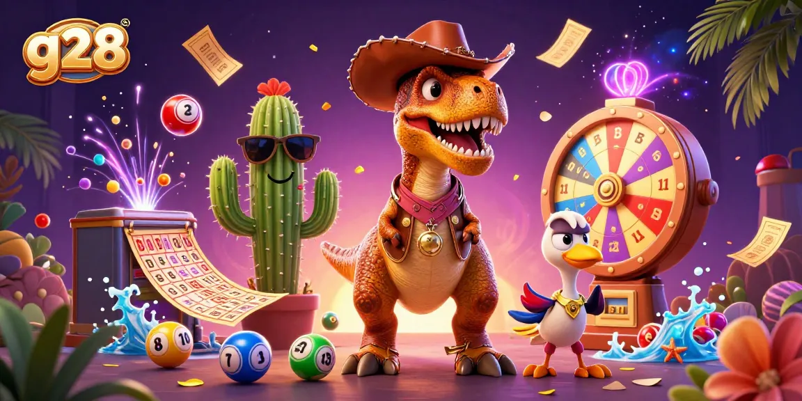 g28 enhances excitement with a dynamic lottery-themed scene featuring a cowboy T-Rex and friends.