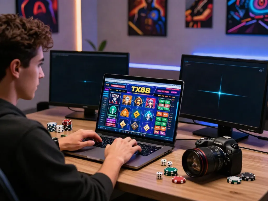 Player engaging with TX88 online casino interface on laptop, vibrant gaming atmosphere with poker chips and dice.