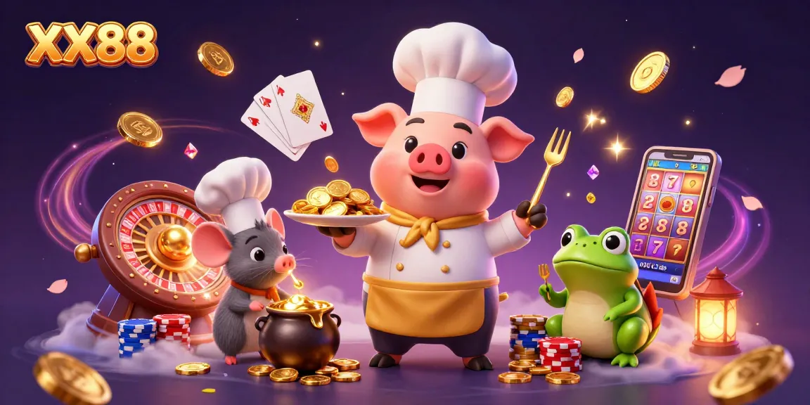 Experience the excitement of XX88 with a 3D chef pig, sous-chef mouse, and food critic frog amidst dynamic casino elements.