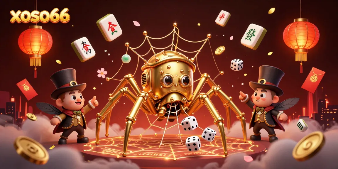 Engage with xoso66 as a golden spider captures dice in a vibrant casino world filled with festive elements.
