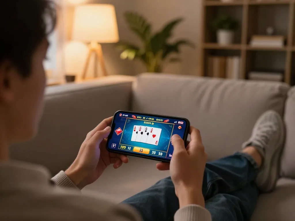 Experience win678 online gaming excitement on a smartphone in a cozy home setting.
