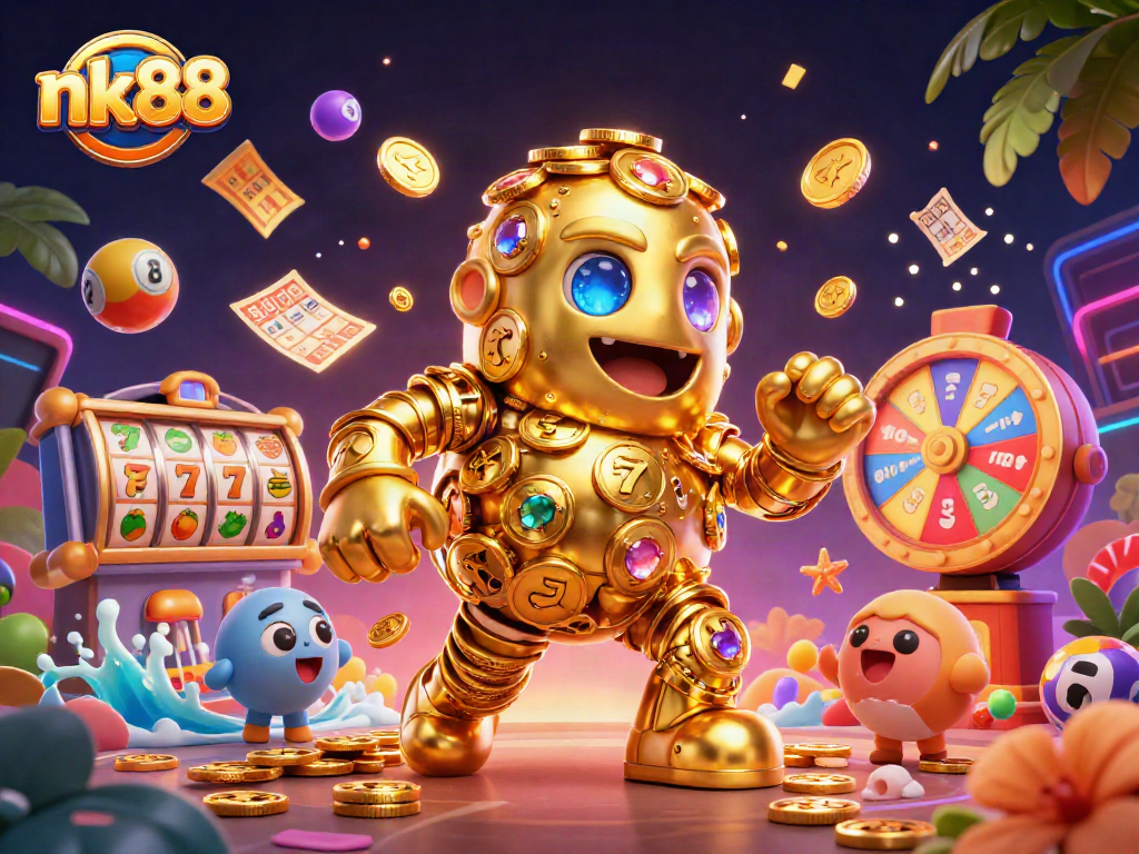 Engage with the exciting nk88 online casino, featuring vibrant slot reels and golden golem elements.