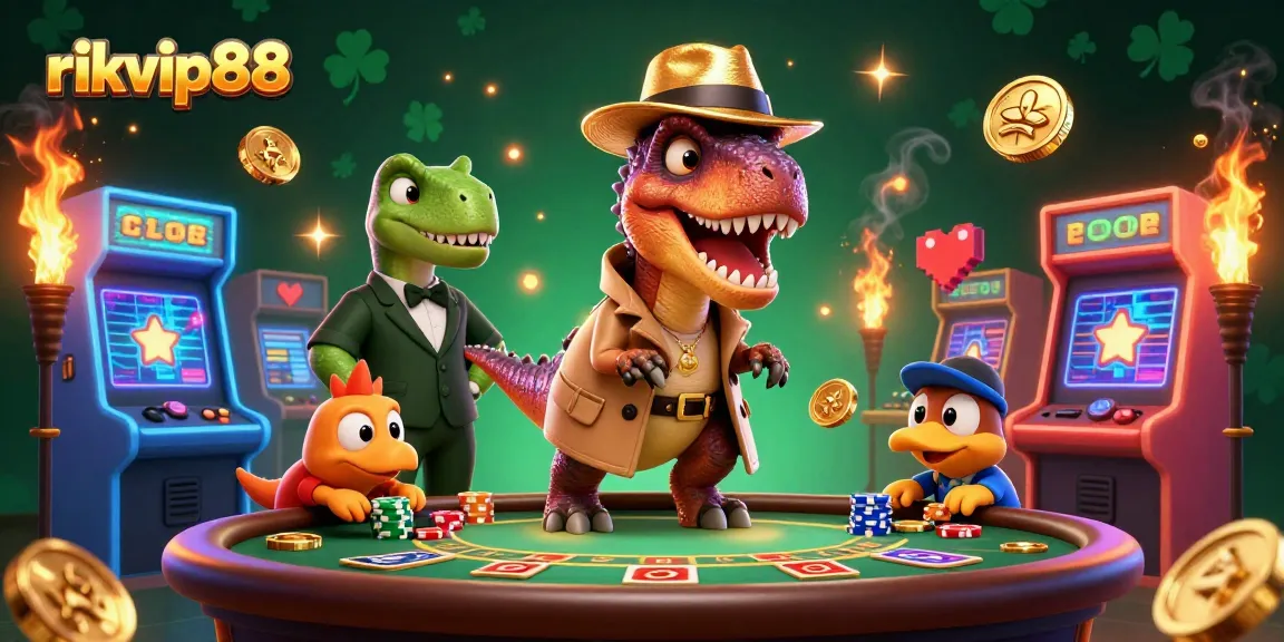Experience the excitement of blackjack with rikvip88, featuring a velociraptor card counter and colorful casino elements.