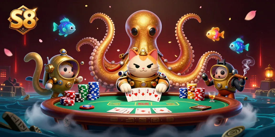 Engage with the thrill of S8 poker as a mighty kraken and diving cat surround a vibrant gaming scene.