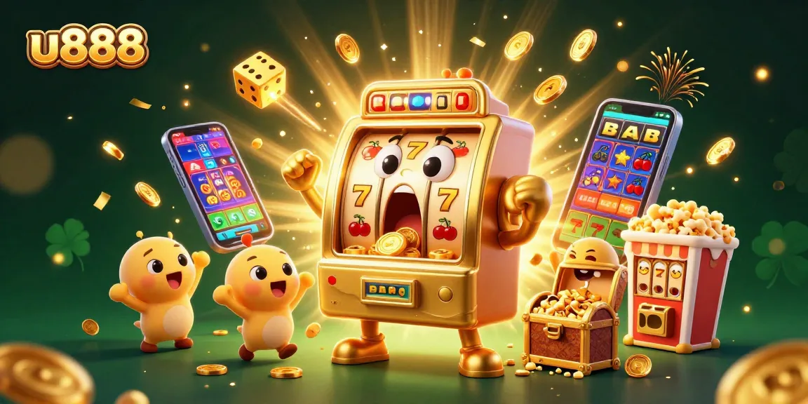 u888 slot machine hits a jackpot with coins pouring out, surrounded by cheering machines and festive elements