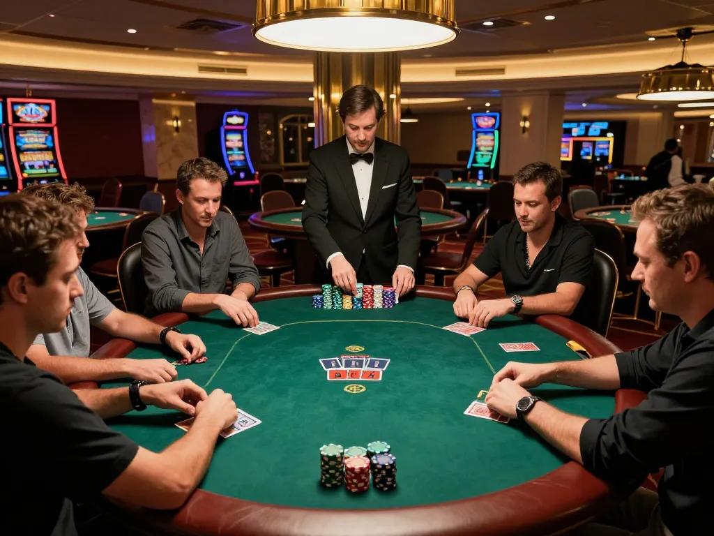 33WIN players strategizing during an intense high-stakes poker game in a luxurious casino