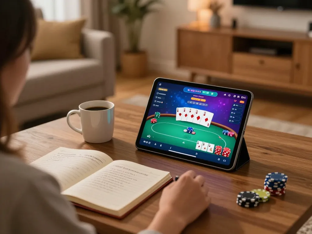 Player using tablet for n188 poker game at home with cozy decor and strategic notes.
