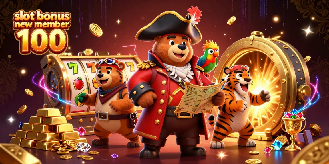 Slot bonus anggota baru 100 dengan kapal bajak laut berkilau penuh harta dan simbol slot yang menggoda.