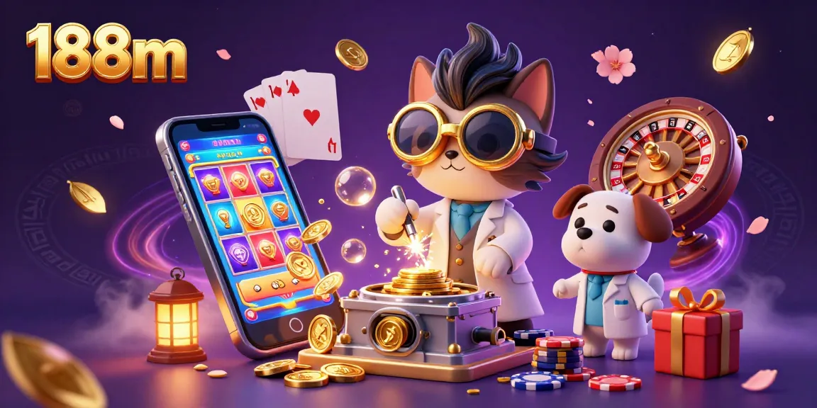 Engage with 188m's vibrant 3D scene featuring a mad scientist cat and lab dog creating games and coins.