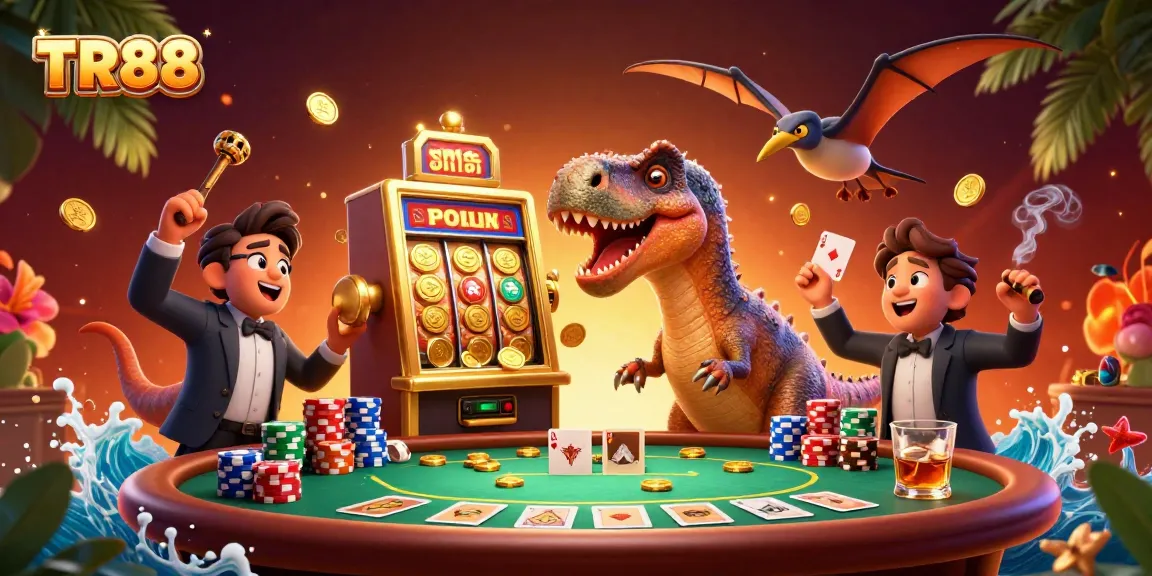 TR88 engages players with a thrilling scene of cartoon characters in a vibrant casino, celebrating jackpots and gameplay.