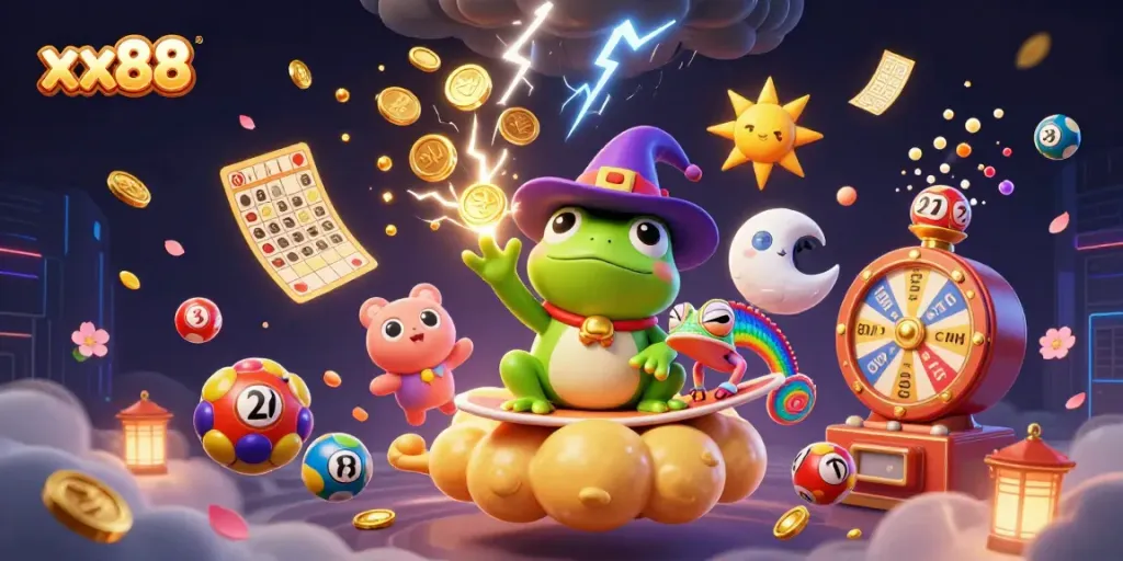 Experience xx88’s vibrant gaming with a wizard frog and chameleon creating excitement.