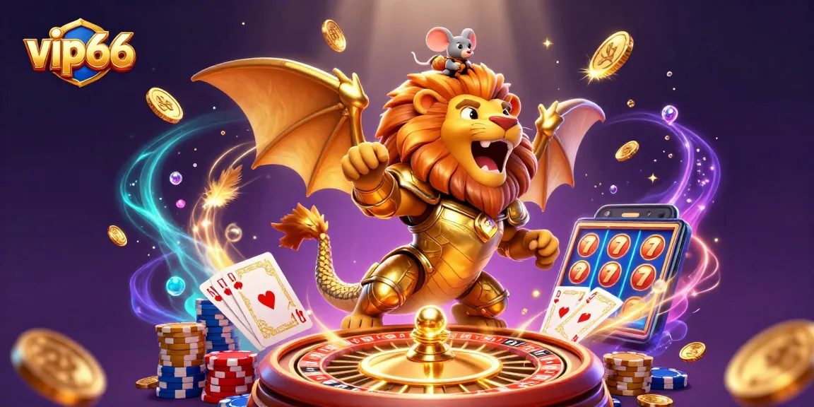 Experience thrilling gameplay at vip66 with golden chimera creature amidst cascading coins and game elements.