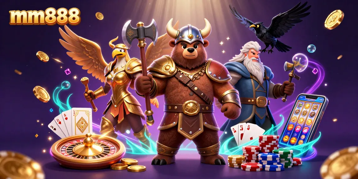 mm888 showcases a vibrant 3D casino scene with a Viking bear, Valkyrie eagle, and exceptional game elements.
