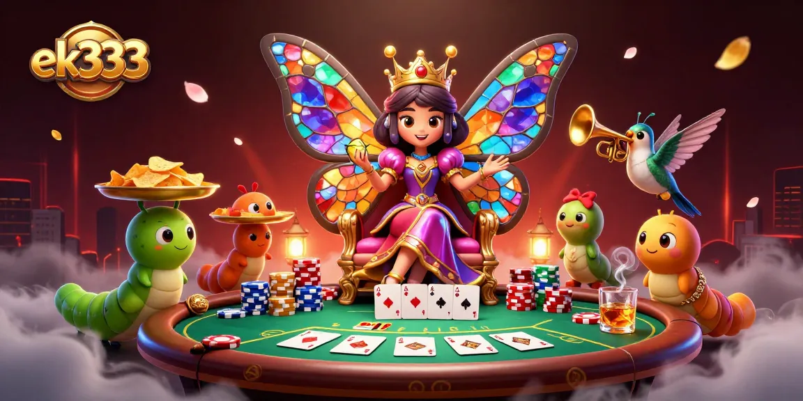 ek333 presents an enthralling 3D casino scene with a butterfly queen, poker elements, and vibrant details.