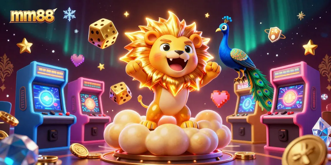 Experience the excitement of mm88 with a vibrant casino-themed 3D illustration depicting a lively gaming scene.