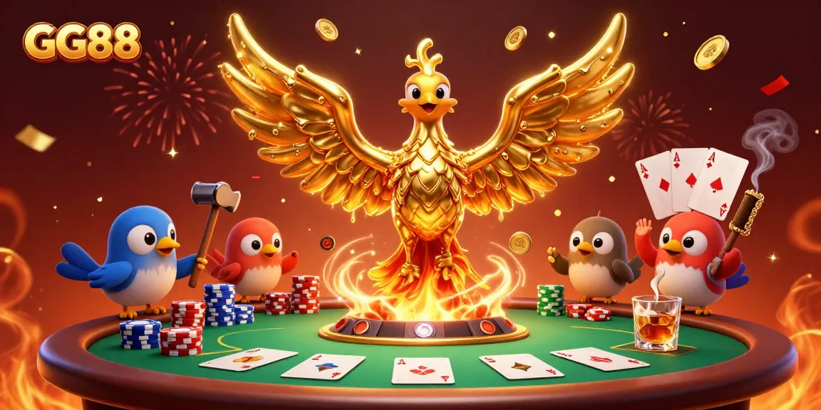 Experience the thrill of GG88 with a vibrant casino scene featuring a golden phoenix and poker elements.