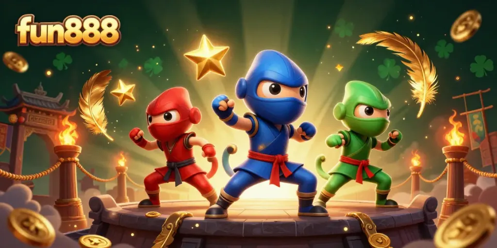 Experience fun888 with a vibrant 3D casino illustration featuring ninja chameleons in a dynamic setting.