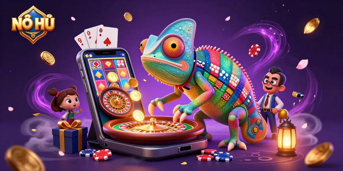 NỔ HŨ gaming experience: colorful slot game exploding with coins and vibrant characters.