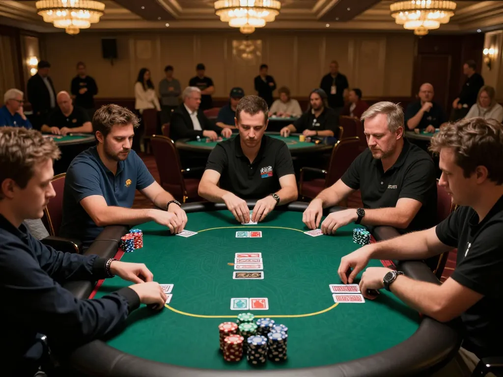 LC88 players intensely engaging in a poker tournament at a luxury casino table