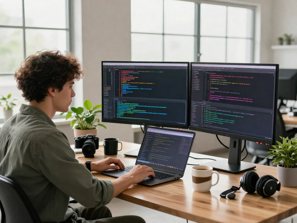 Programmer utilizing 18+ ai technology in a modern workspace with dual monitors.