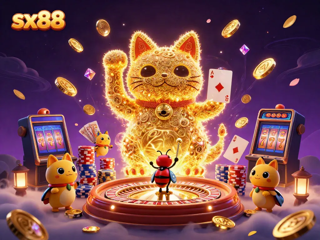 Experience the thrilling sx88 casino world with a lucky cat and dazzling symbols illuminating the excitement!