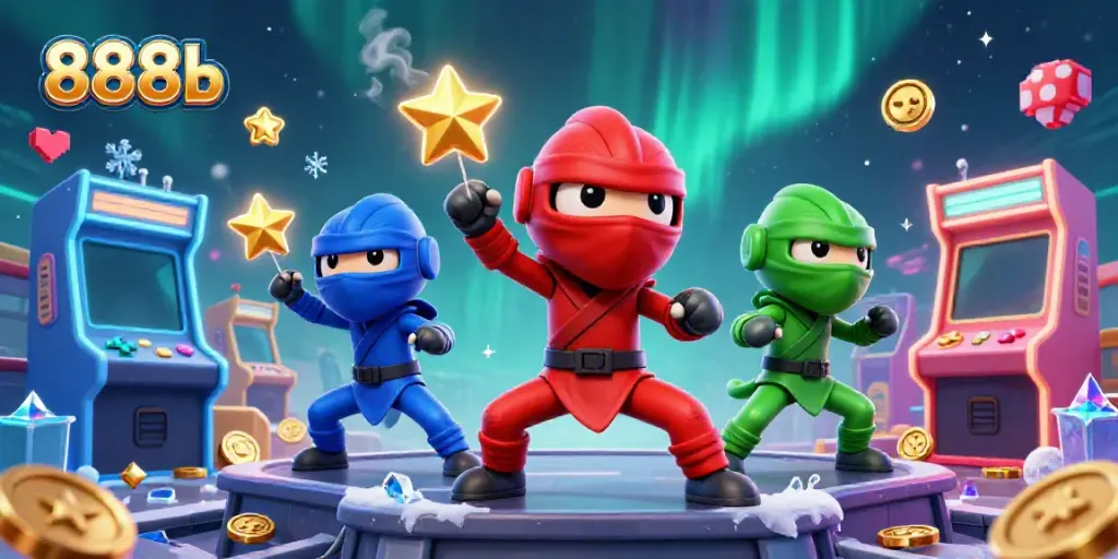 Experience thrilling gameplay at 888b with ninja chameleons amidst colorful arcade and casino elements.