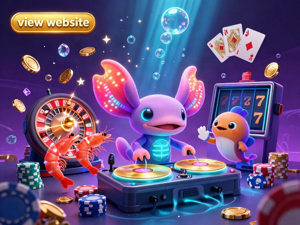 Experience the excitement of gaming with a vibrant underwater casino scene featuring a neon axolotl DJ. View website.