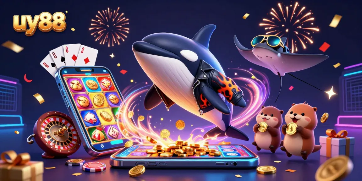 uy88 showcases dynamic gameplay with exciting characters celebrating casino wins and fun.