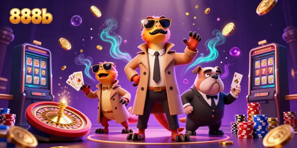 Experience a playful scene with 888b's raptors attempting to enter a casino VIP lounge, full of game elements.