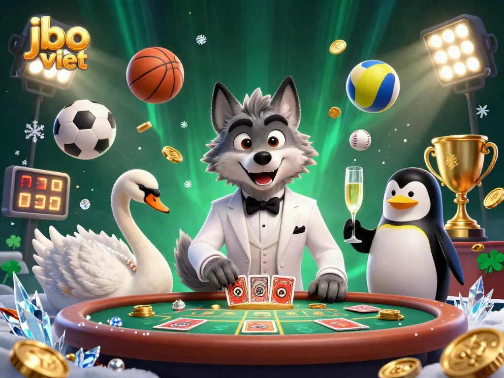 Engage with jbo viet casino experience featuring a debonair wolf and elegant characters in a vibrant gaming scene.