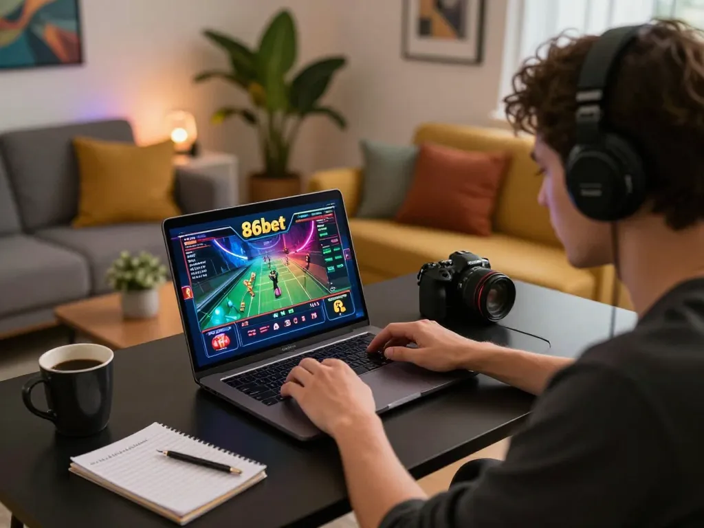 86bet player strategizing on laptop during an exciting game night at home