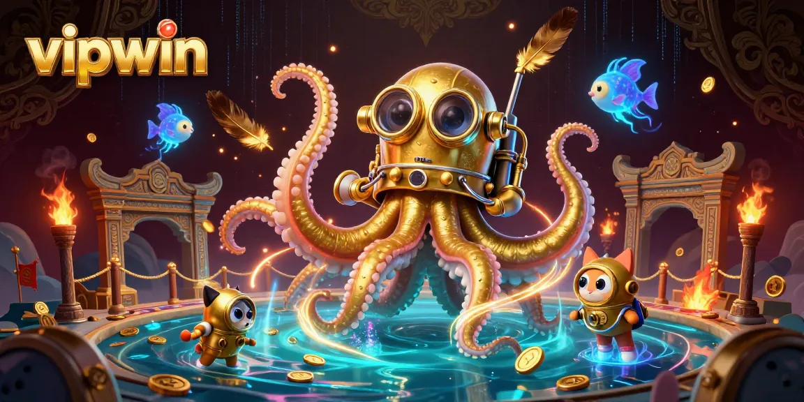 Experience thrilling moments with vipwin as a colossal kraken and a diving cat dominate a vibrant casino scene.