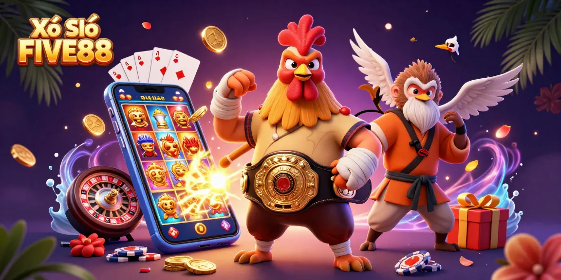 Xổ Số FIVE88 boasts a vibrant scene filled with exciting gambling elements and colorful characters from the casino world.