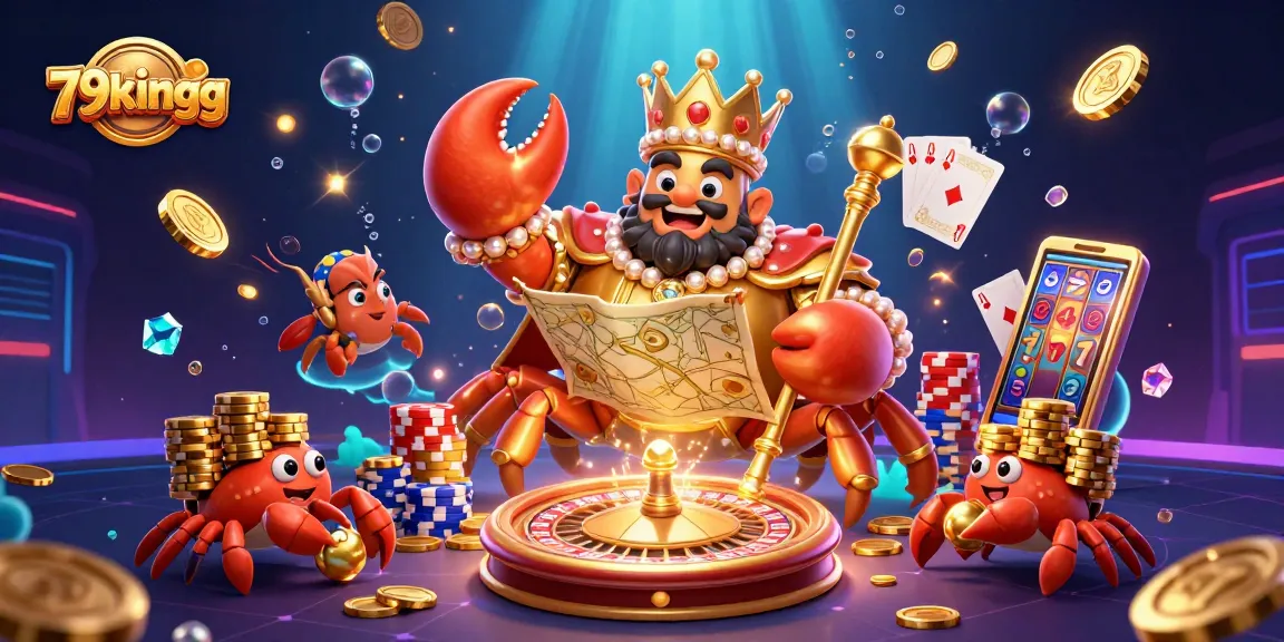 Engage with 79kingg's vibrant gambling universe featuring a golden crab emperor, treasure, and dynamic casino elements.