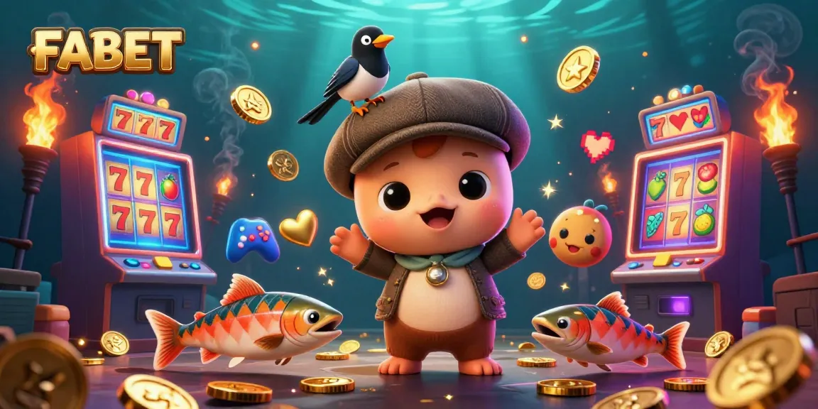Experience FABET's engaging casino scene with Nessie and a gold-loving magpie enjoying exciting slot reels.