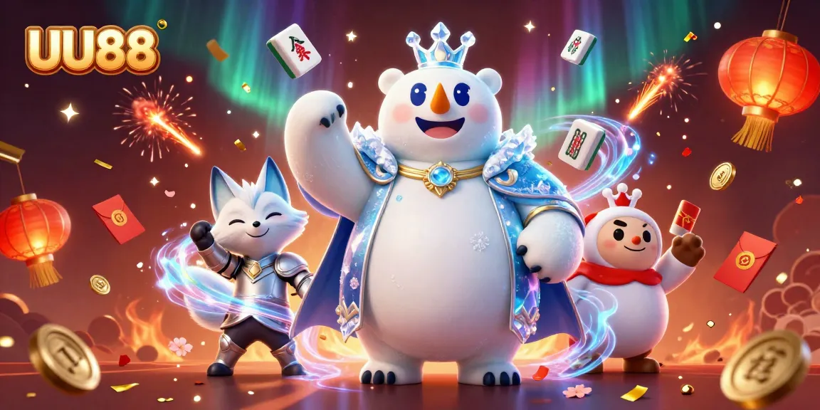 Join the vibrant world of UU88, where a majestic polar bear and a snow fox celebrate with lucky symbols in a dazzling casino scene.