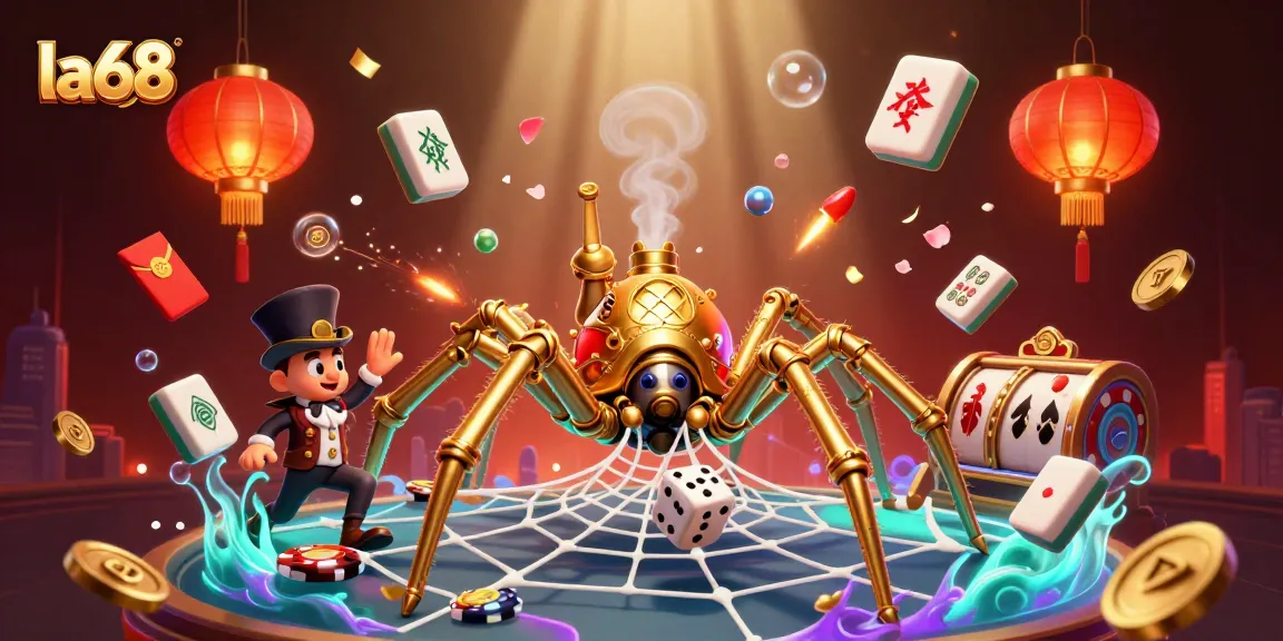 Engage with la68's thrilling slots through a dynamic 3D gold spider web illustration.