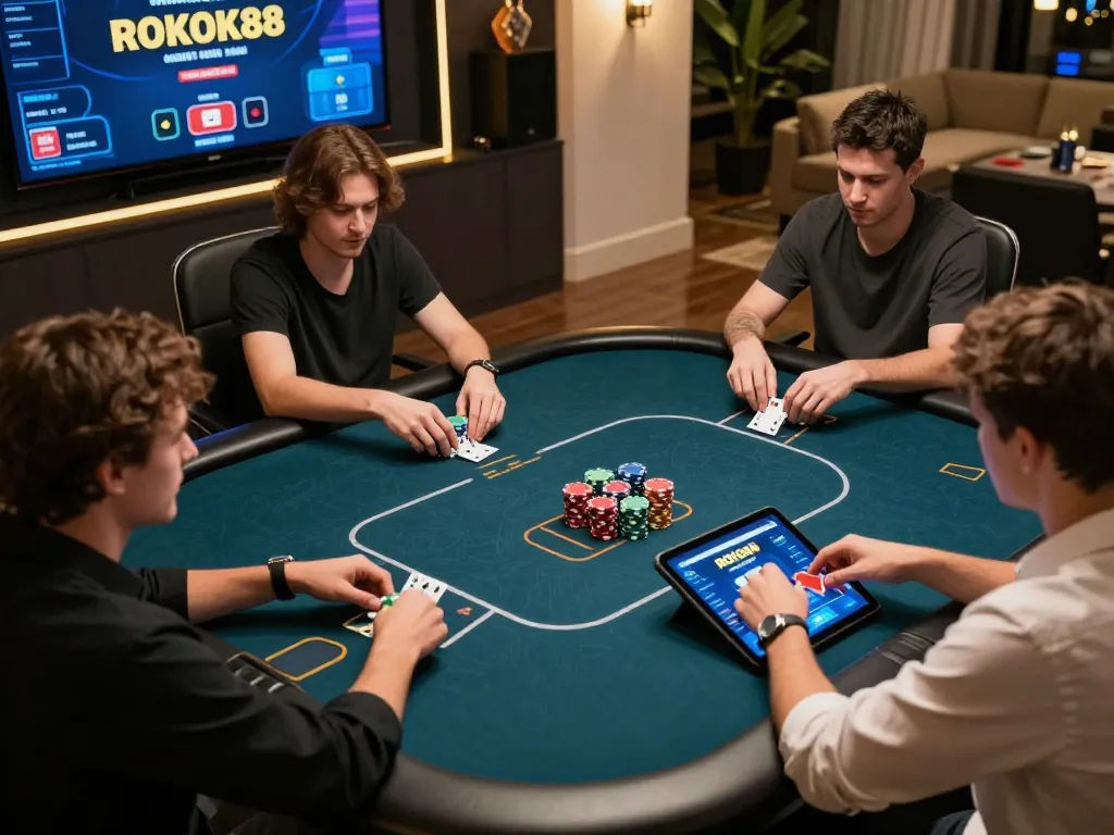 Engaging gameplay at ROKOK88 showcasing players' hands in a dynamic poker match, with colorful chips and bright interface.