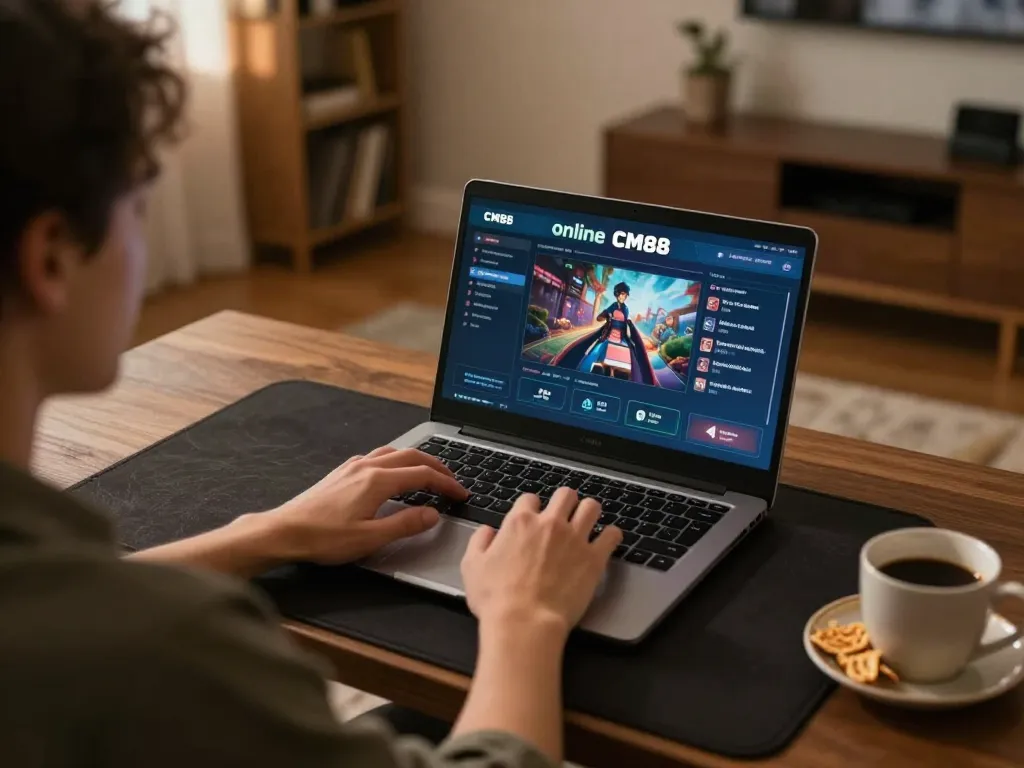 Player accessing CM88 online casino on laptop, showcasing a home gaming atmosphere with cozy lighting.